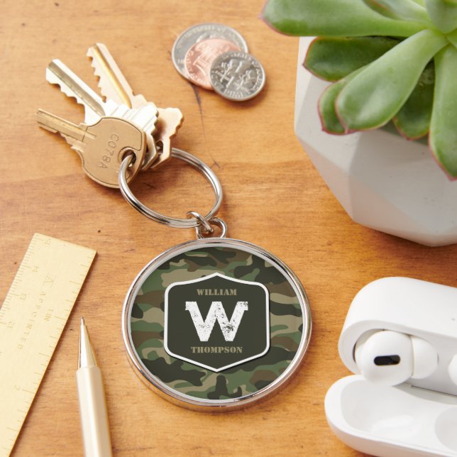 Camouflage Green Camo Army Pattern Monogram Keychain (Desk)