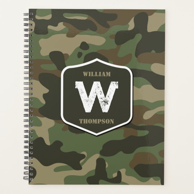 Camouflage Green Camo Army Pattern Monogram  Planner (Front)