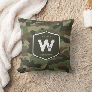Camouflage Green Camo Army Pattern Monogram   Throw Pillow