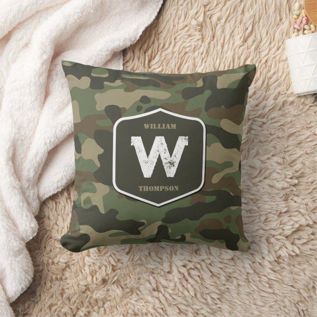 Camouflage Green Camo Army Pattern Monogram   Throw Pillow (Blanket)