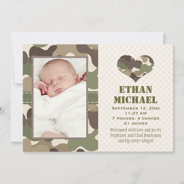 Camouflage Heart Baby Photo Faire-part de naissanc (Devant)