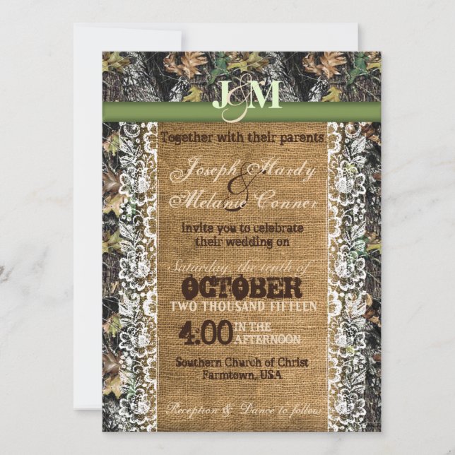 Camouflage Invitation with Burlap & Lace (Front)