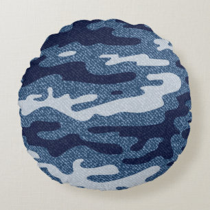 Camouflage Jeans Background. Vintage Spotted Denim Round Pillow