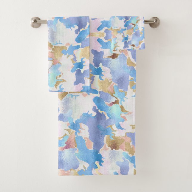 Camouflage Metallic Pink Blue Gold Abstract Bath Towel Set (Insitu)