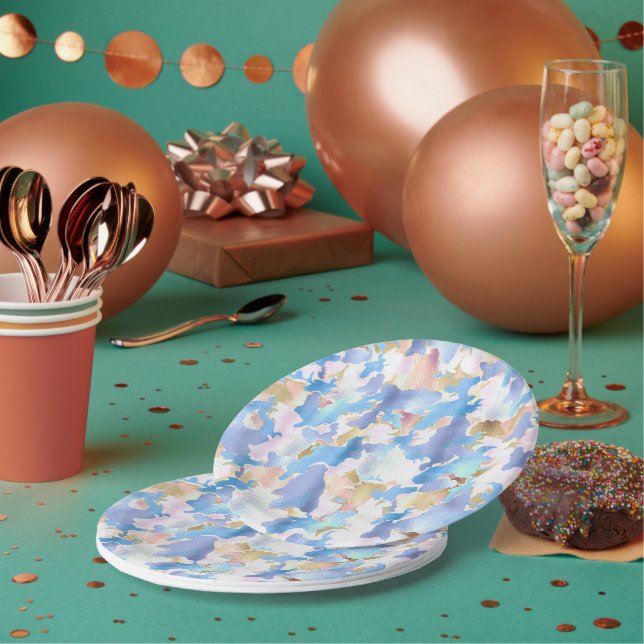 Camouflage Metallic Pink Blue Gold Abstract Paper Plate (Multi)