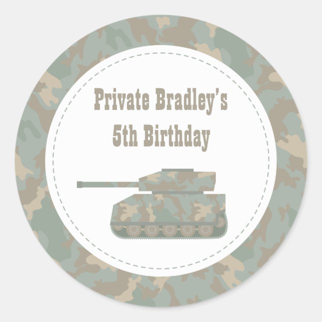 Camouflage Military Print Tank Army Birthday Party Classic Round Sticker (Front)