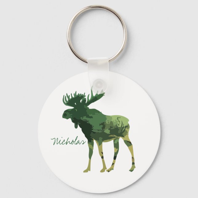 Camouflage Moose Animal Nature art Custom Name Keychain (Front)