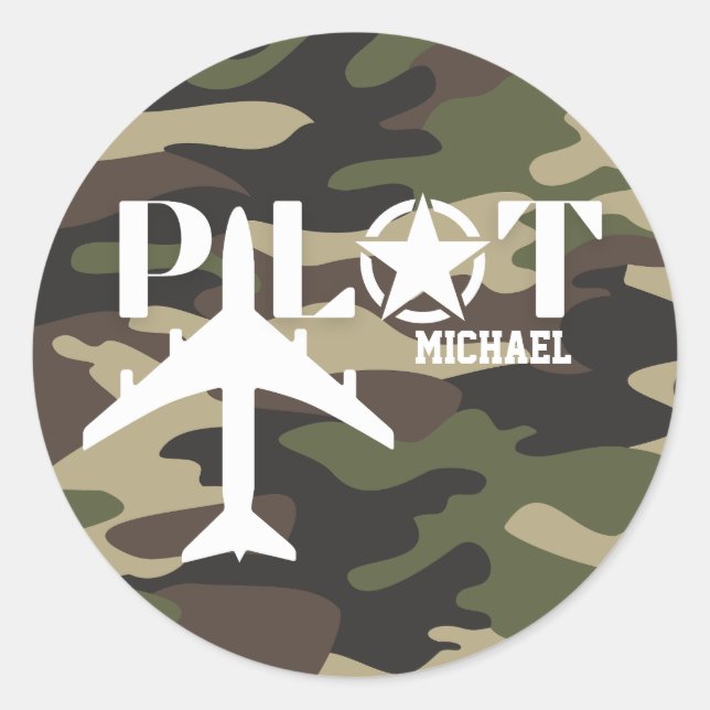 Camouflage Pilot typography, personalized Classic Round Sticker (Front)