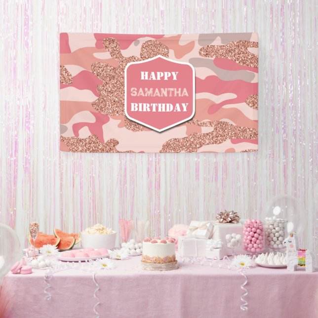 Camouflage Rose Gold Blush Pink Camo Army Birthday Banner (Party)