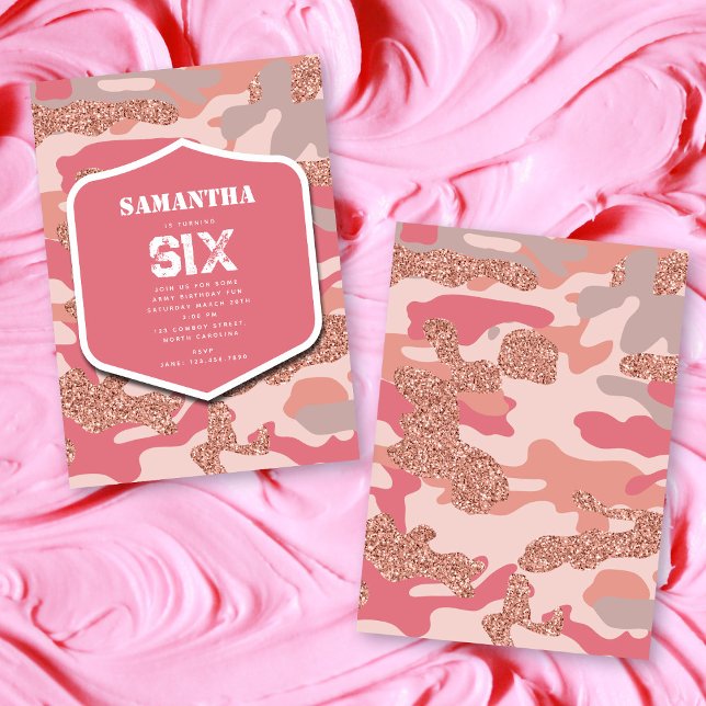 Camouflage Rose Gold Blush Pink Camo Army Birthday Invitation (Camouflage Rose Gold Blush Pink Camo Army Birthday Invitation)