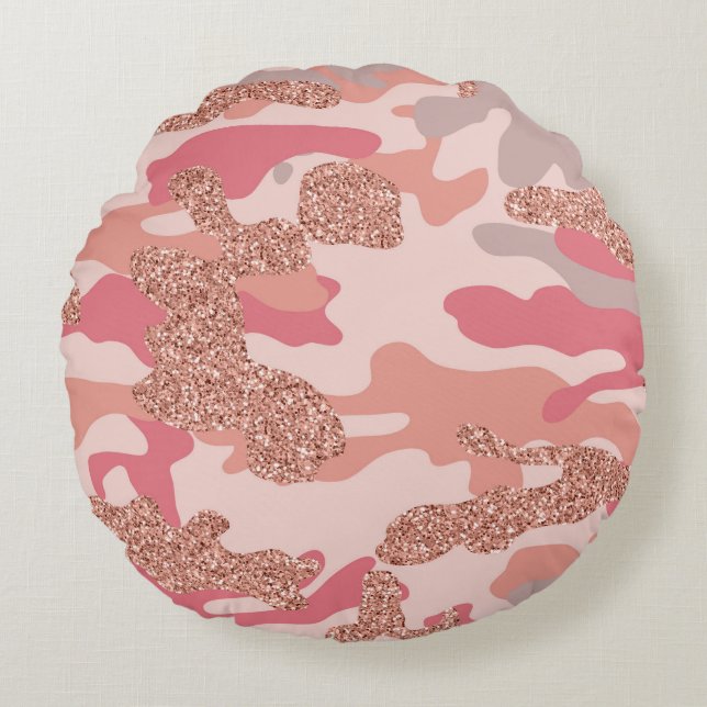 Camouflage Rose Gold Blush Pink Camo Army Pattern  Round Pillow (Front)