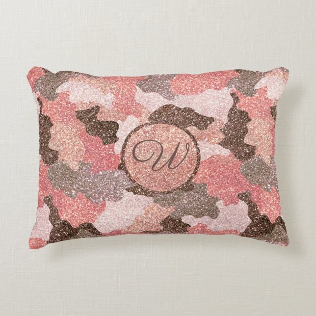 Camouflage Rose Gold Glitter Camo Script Monogram Accent Pillow (Front)