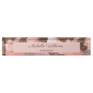 Camouflage Rose Gold Glitter Modern Script Nameplate