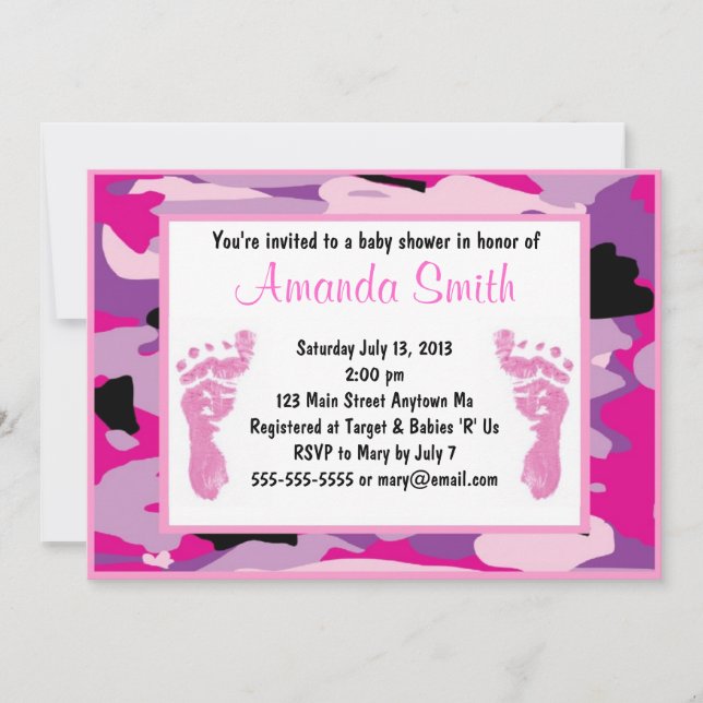 Camouflage rose Invitations de douche pour bébés (Devant)