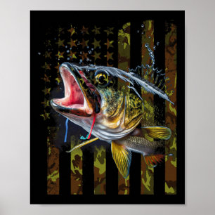 Camouflage Usa Flag Big Mouth Byss Fishing  Poster