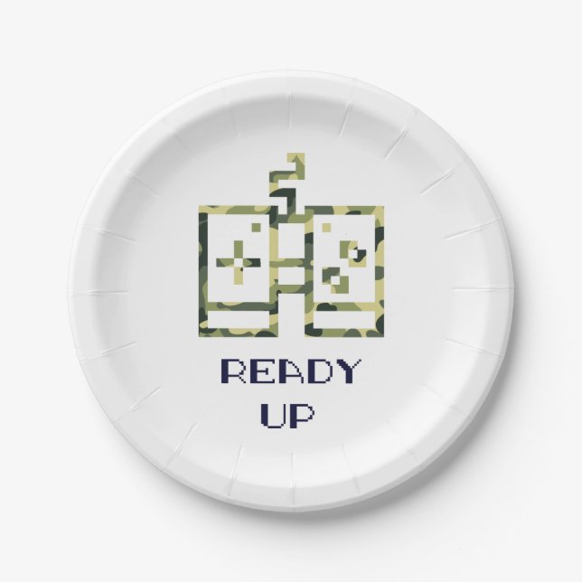 Camouflage Video Game Controller Ready Up Gamer Paper Plate (Front)