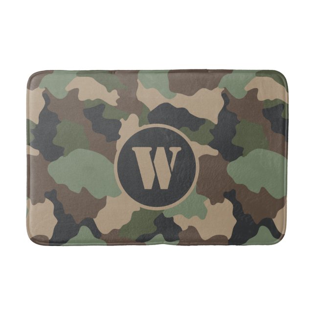 Camouflage Woodland Camo Khaki Tan Black Monogram Bath Mat (Front)