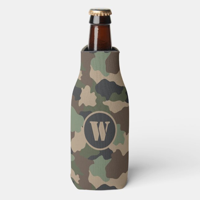Camouflage Woodland Camo Khaki Tan Black Monogram Bottle Cooler (Bottle Front)