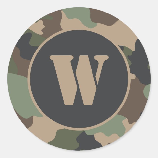 Camouflage Woodland Camo Khaki Tan Black Monogram Classic Round Sticker (Front)