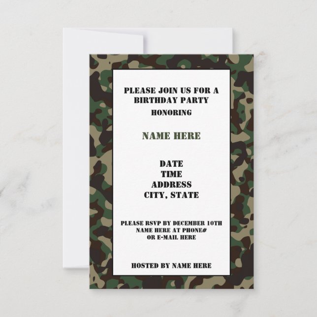 Camouflaged Birthday Party Invitation Card (Front)