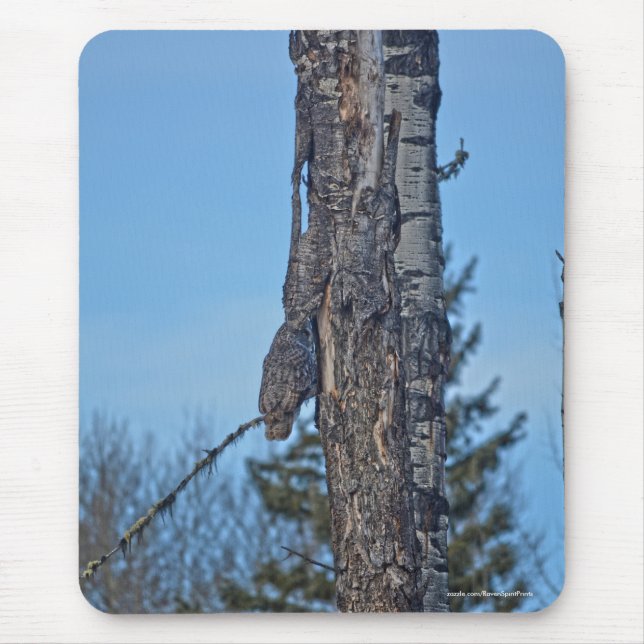 Camouflaged Great Grey Owl and Tree Wildlife Photo Mouse Pad (Front)