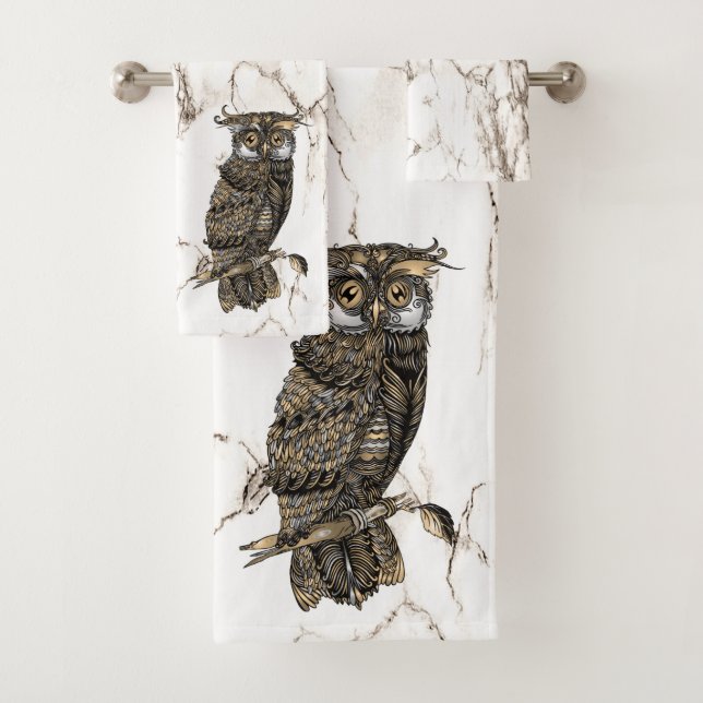 Camouflaged Owl on Brown Marble Bath Towel Set (Insitu)