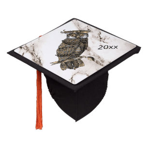 Camouflaged Owl on Brown Marble Graduation Cap Topper