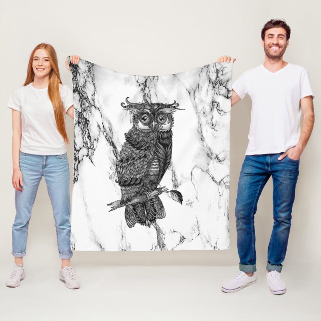 Camouflaged Owl on Marble Fleece Blanket (In Situ)