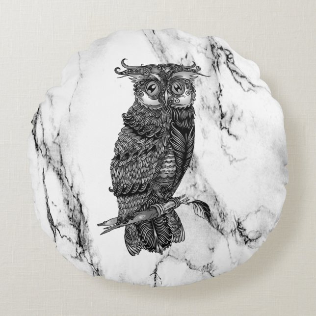 Camouflaged Owl on Marble Round Pillow (Front)