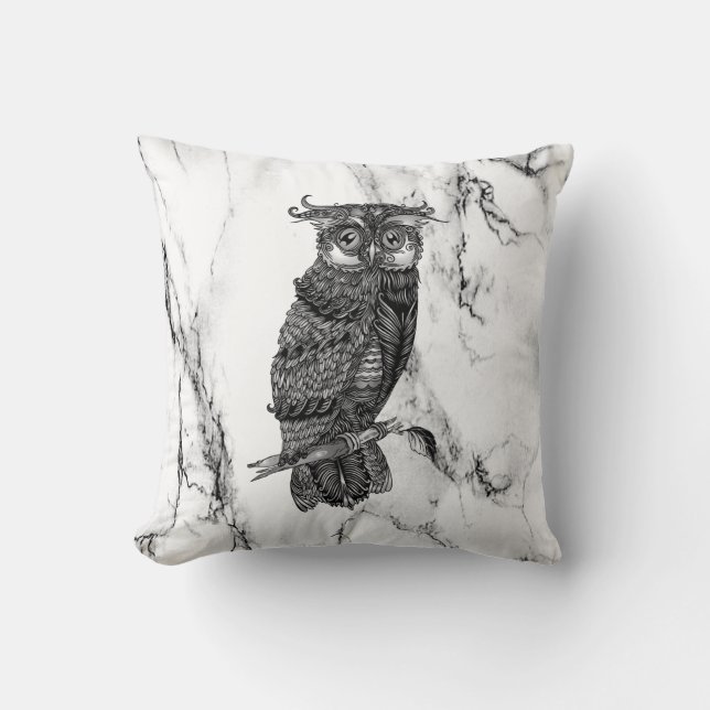 Camouflaged Owl on Marble Throw Pillow (Front)