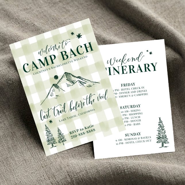 CAMP BACH-Last trail to the Veil Invitation  (Camp Bach Invitation & Itinerary | Mountain Themed Bach Trip Set | Editable & custom! Shop Now!)