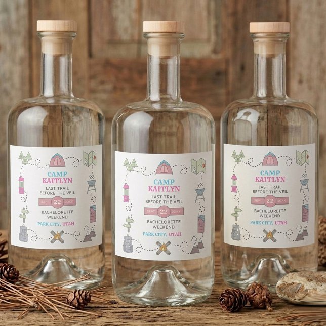 Camp Bach Wilderness Bachelorette Party Liquor Bottle Label (Creator Uploaded)