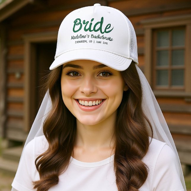Camp Bachelorette Bride Hand Writing Green Trucker Hat (camp bachelorette bride trucker hat handwriting hand written camping glamping hiking bach)