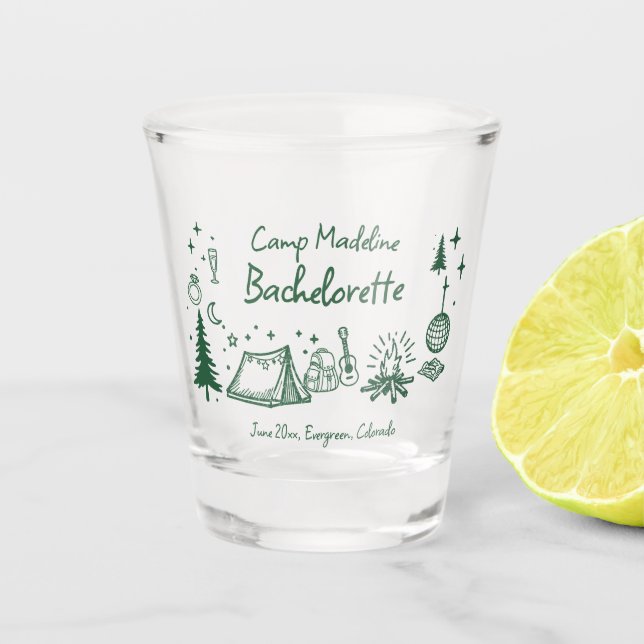 Camp Bachelorette Camping Hand Drawn Writing Green Shot Glass (Front)