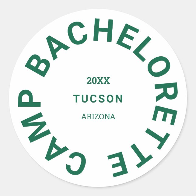 Camp Bachelorette Forest Green Personalized Classic Round Sticker (Front)