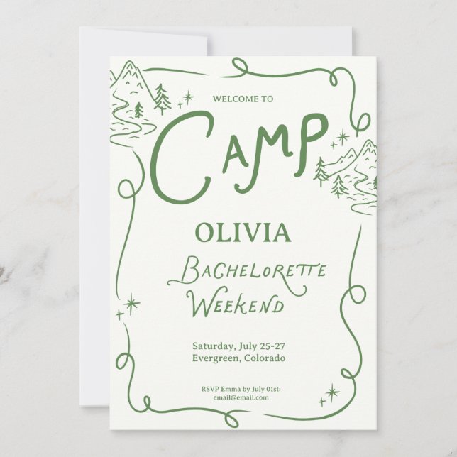Camp Bachelorette Green Camping Itinerary  Invitation (Front)