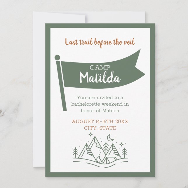 Camp Bachelorette Green Weekend Itinerary Invitation (Front)