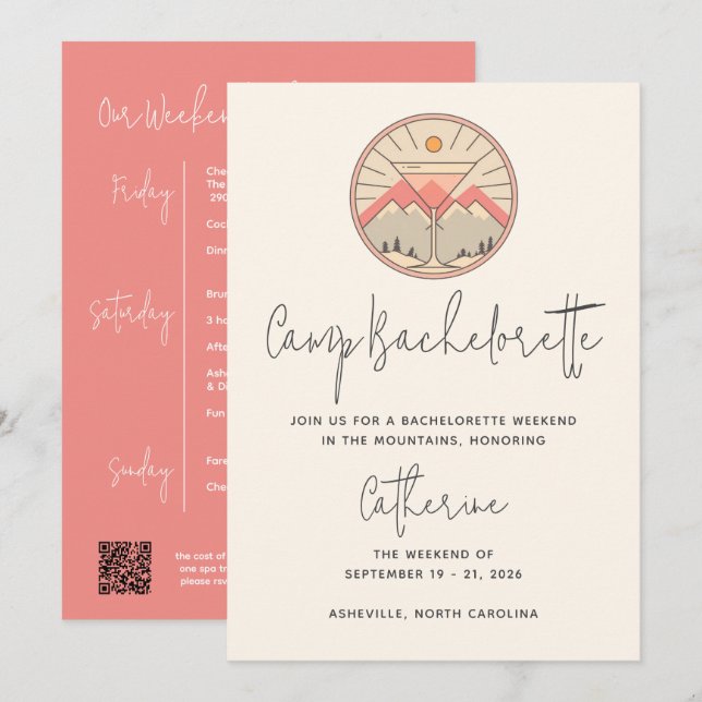 Camp Bachelorette Modern Pink Script Weekend Invitation (Front/Back)
