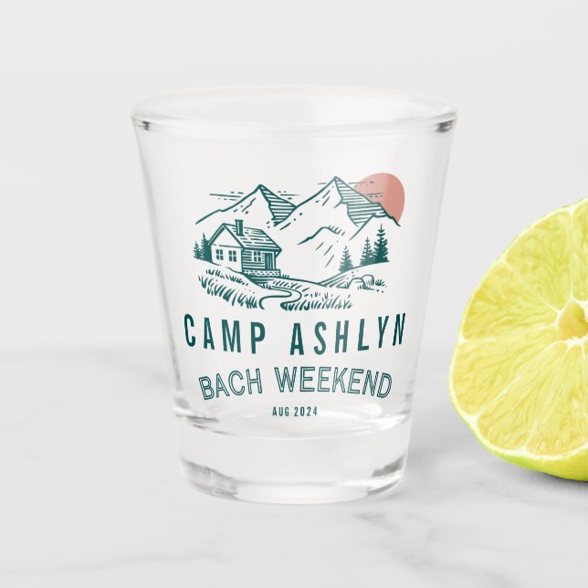 Camp Bachelorette Mountain Cabin Shot Glass (Front)