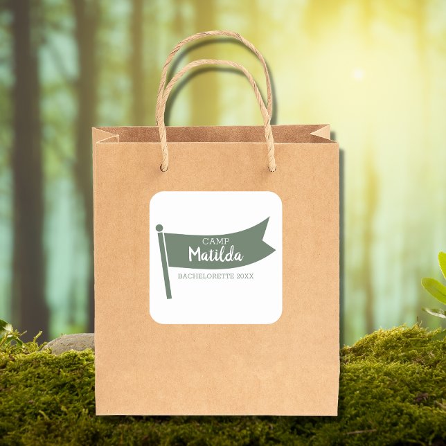 Camp Bachelorette Mountain Green Flag Camping Square Sticker (camp bachelorette sticker camping flag outdoor bachelorette)