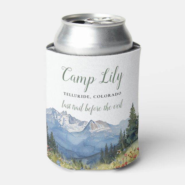 Camp Bachelorette Mountain Hiking Weekend Party Can Cooler (Can Front)