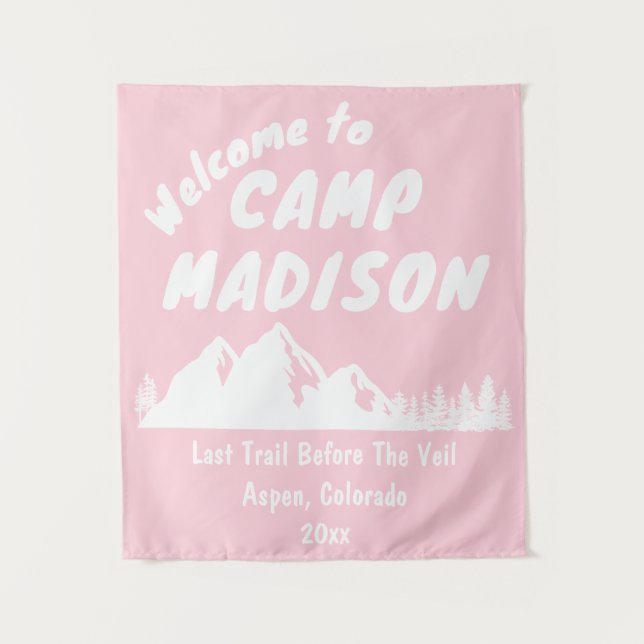 Camp Bachelorette Mountain Party Light Pink Sign Tapestry (Front)
