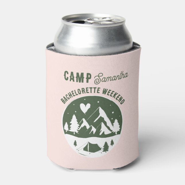 Camp Bachelorette Party Camping Bach Weekend Pink Can Cooler (Can Front)