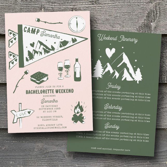 Camp Bachelorette Party Camping Weekend Itinerary  Invitation (Camp Bachelorette Party Camping Weekend Itinerary Invitation)