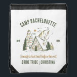 Camp Bachelorette Party Girls Camping Trip Custom Drawstring Bag<br><div class="desc">Experience Adventure with Camp Bachelorette Party Custom Gifts! Gear up for an unforgettable bachelorette party that blends outdoor excitement with personalized style. This custom merchandise is the perfect addition to your camp-themed celebration, adding a touch of elegance and individuality to your bach trip. Elevate your camping experience with this custom...</div>