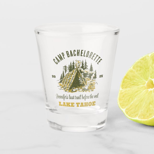 Camp Bachelorette Party Girls Camping Trip Custom Shot Glass (Front)