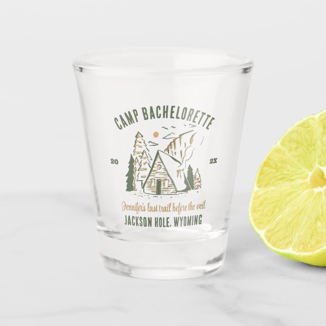 Camp Bachelorette Party Girls Camping Trip Custom Shot Glass (Front)