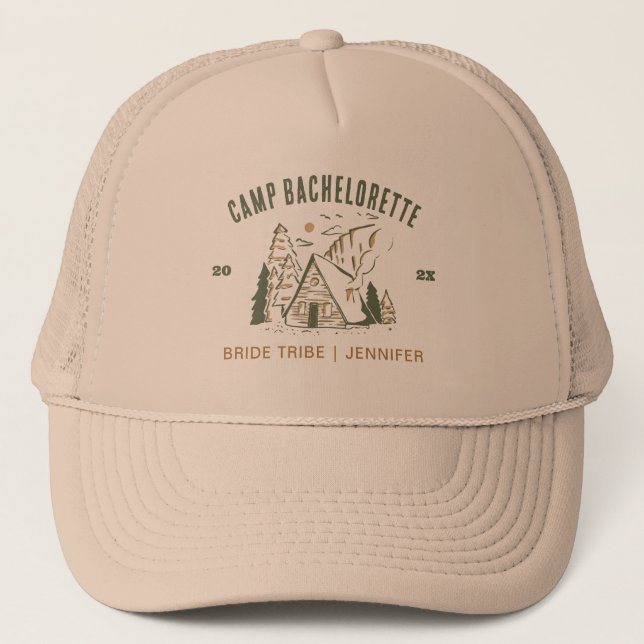 Camp Bachelorette Party Girls Camping Trip Custom Trucker Hat (Front)