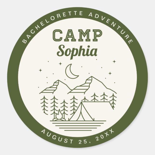 Camp Bachelorette Party Round Favoriser Stickers (Devant)