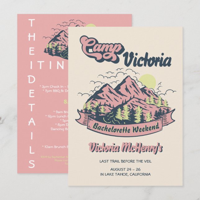 Camp Bachelorette Pink Mountain Girls Weekend Invitation (Front/Back)